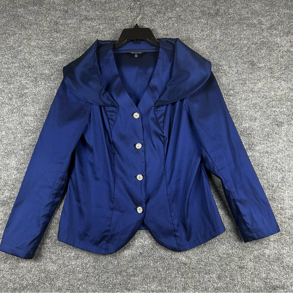 Samuel Dong Blue Satin Blazer XL Statement Rhinestone Buttons